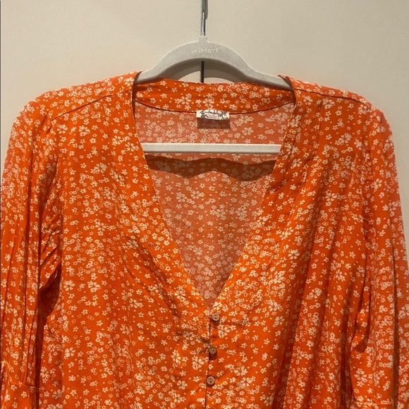 Free People Ditsy Orange Floral Wide Tiered Bell Sleeve Bodysuit - Picture 7 of 11